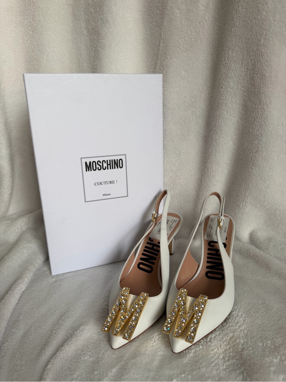 Authentic Moschino Slingback Pointed Pumps with Gold Embellished 'M' Accent